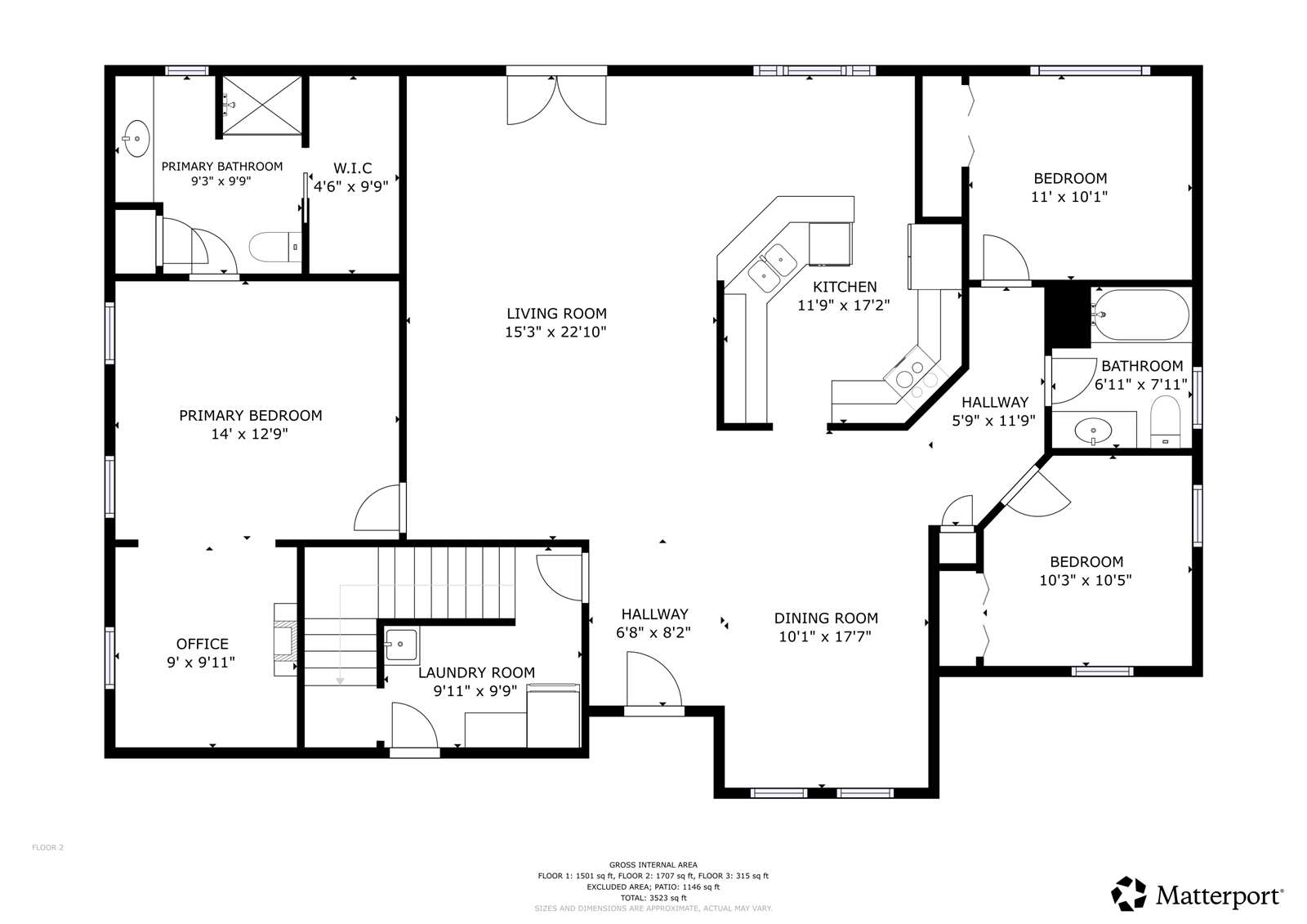Example 2D schematic floor plan generated from a PMZ Matterport scan, showing room dimensions and total square footage