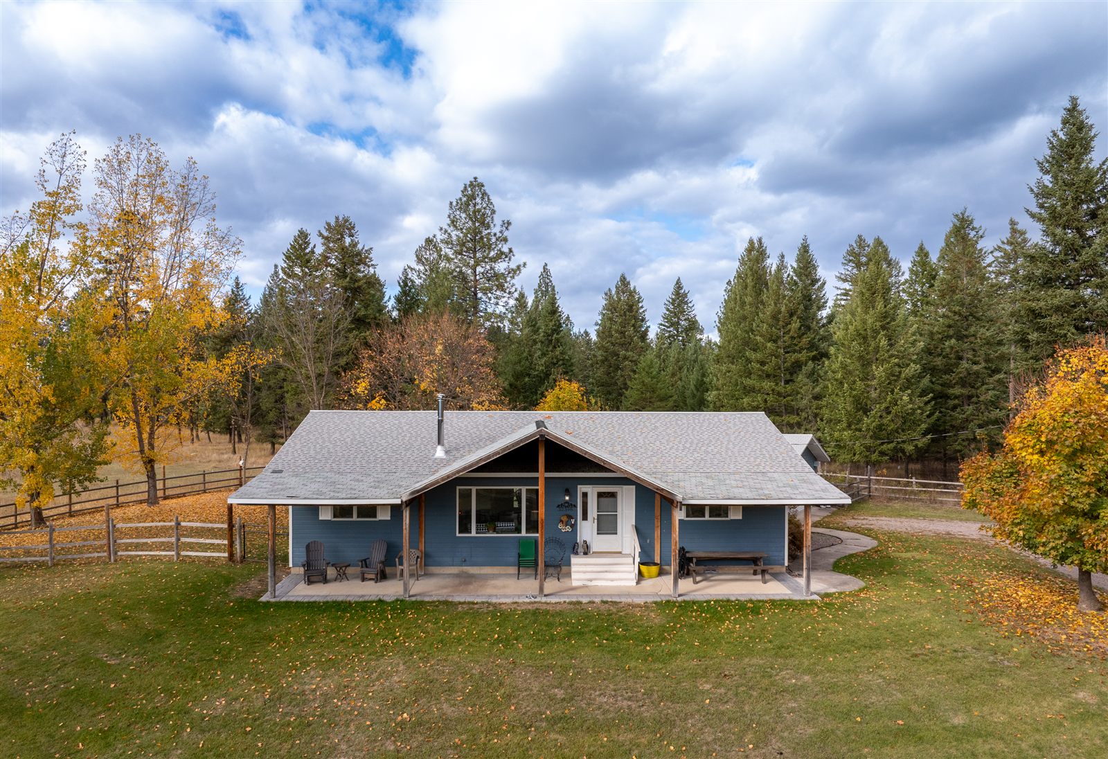 Drone photo of a ranch home on Western Montana acreage in fall, by PMZ Photography